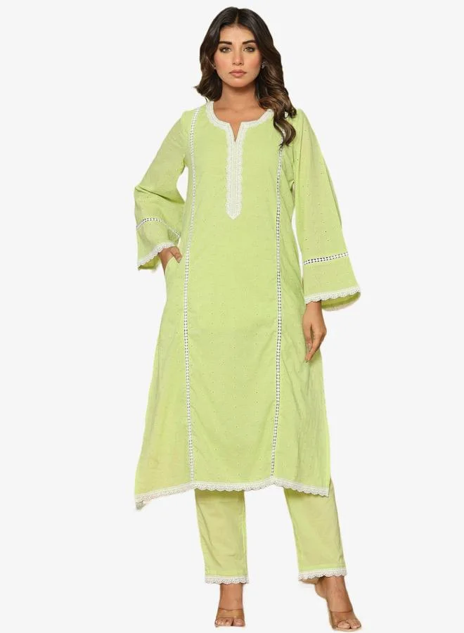 KASYA Green Cotton Relaxed Fit Embroidered Kurta Set